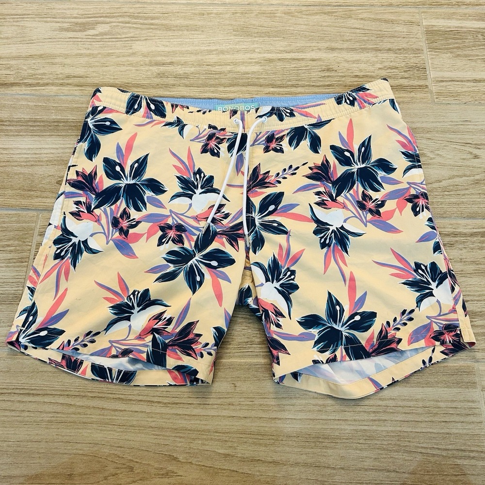 BONOBOS Men's Floral Swim Trunks Shorts Yellow Hawaiian Tropical 7" Inseam M
